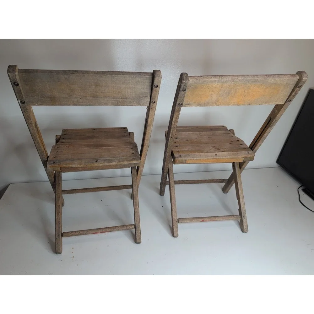 Lot Of 2 Antique Vintage Slat Wood Folding Chairs Snyder Chair Co. USA